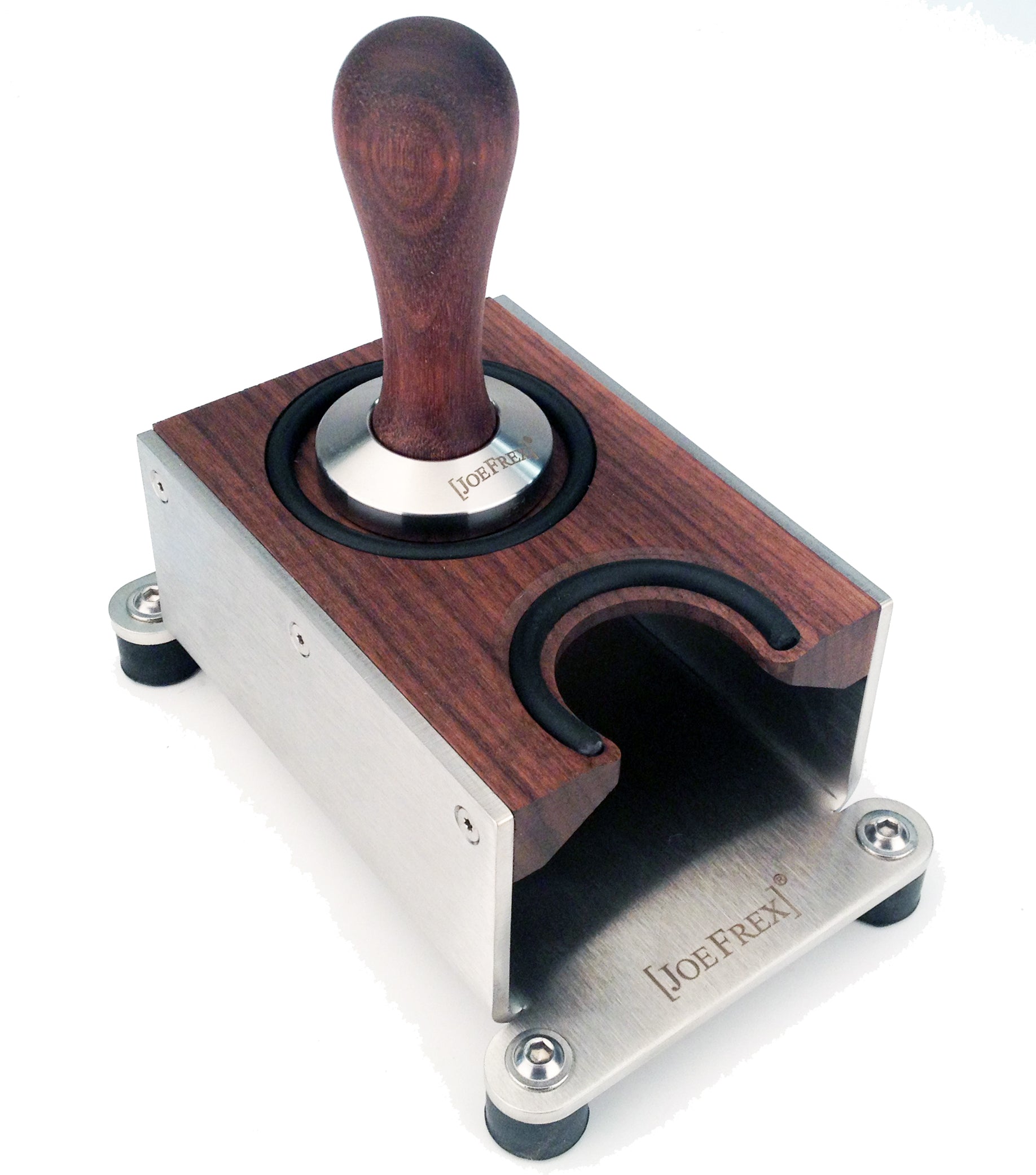 Tamping station walnut wood and stainless steel for pressing your coffee 
