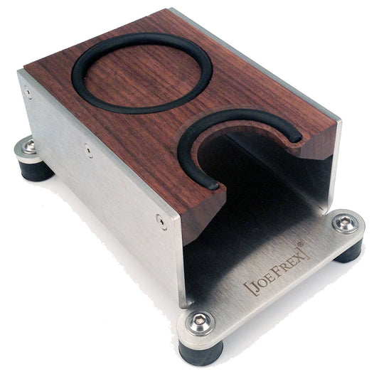 Tamping station for baristas made of stainless steel and walnut wood. Perfect tamping station for pressing your coffee