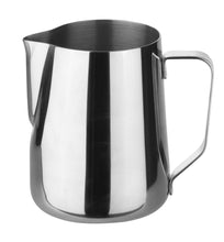 Load image into Gallery viewer, Steaming &amp; Frothing Milk Pitcher Classic Stainless Steel. italian style 12 oz milk jug for your barista journey. perfect espresso tools by joefrex