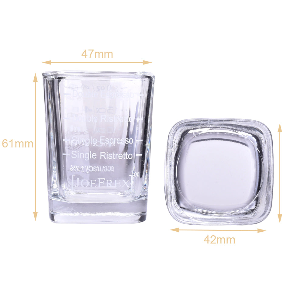 two barista shot glasses with dimensions . double espresso and single espresso as well as single ristretto and double ristretto is marked. small espresoo shot glass, which fits under every espresso or coffee machine.